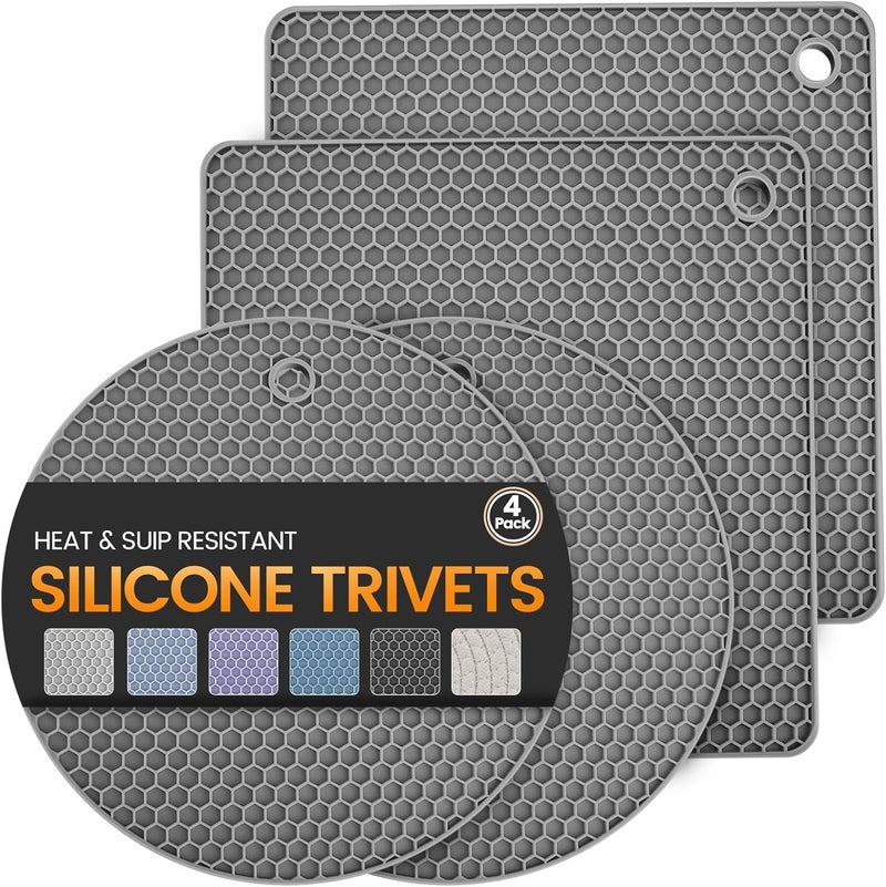 Daisiki Silicone Trivet Mats 4 Heat Resistant Pot Holders Multipurpose Non-Slip Hot Pads for Kitchen Potholders, Drying mat, Jar Opener, Spoon Holder, Coaster.(Dark Grey) - Image 1