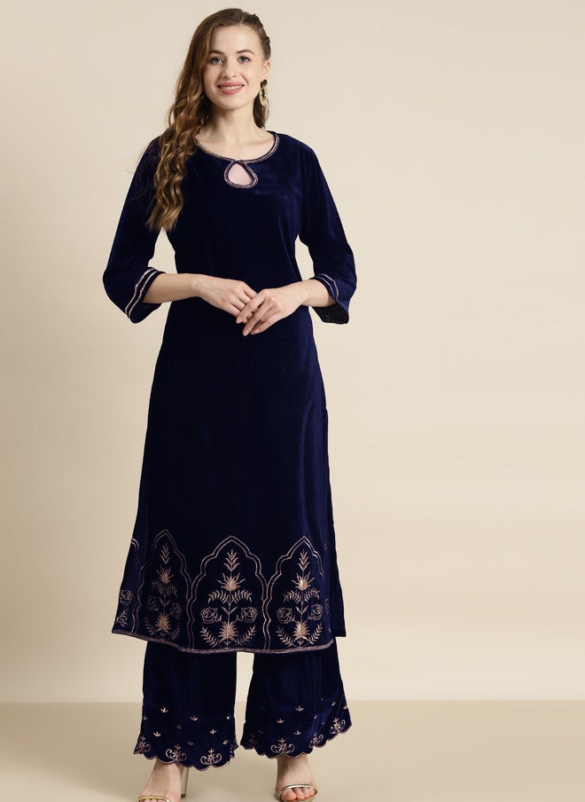 SASSAFRAS Navy Blue Velvet Kurta for Women - Image 1