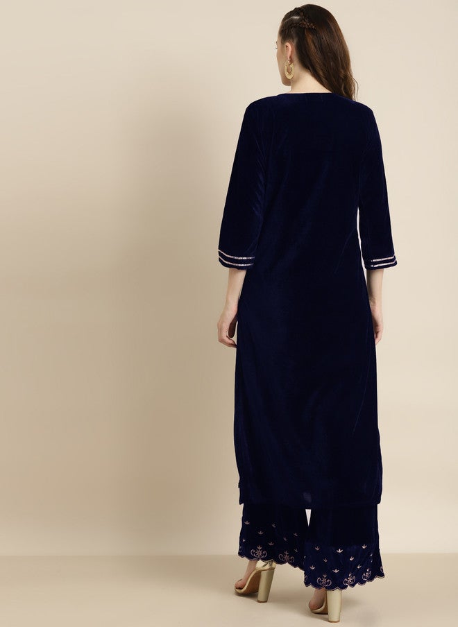 SASSAFRAS Navy Blue Velvet Kurta for Women - Image 4