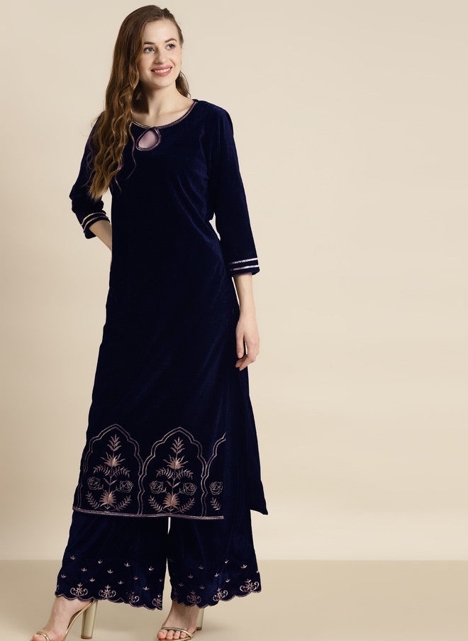 SASSAFRAS Navy Blue Velvet Kurta for Women - Image 3