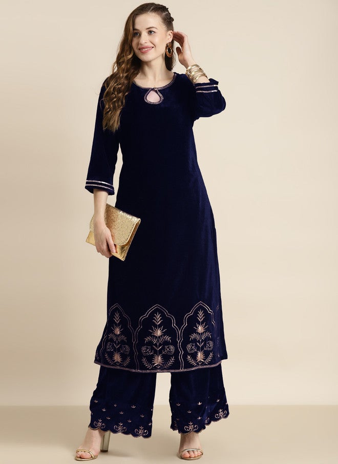 SASSAFRAS Navy Blue Velvet Kurta for Women - Image 5
