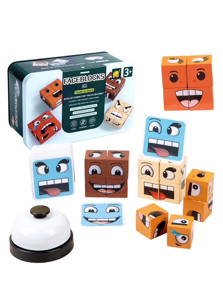 Wooden Face Changing Expression Rubik's Cube Toy with Bell, Table Interactive Game - Image 1