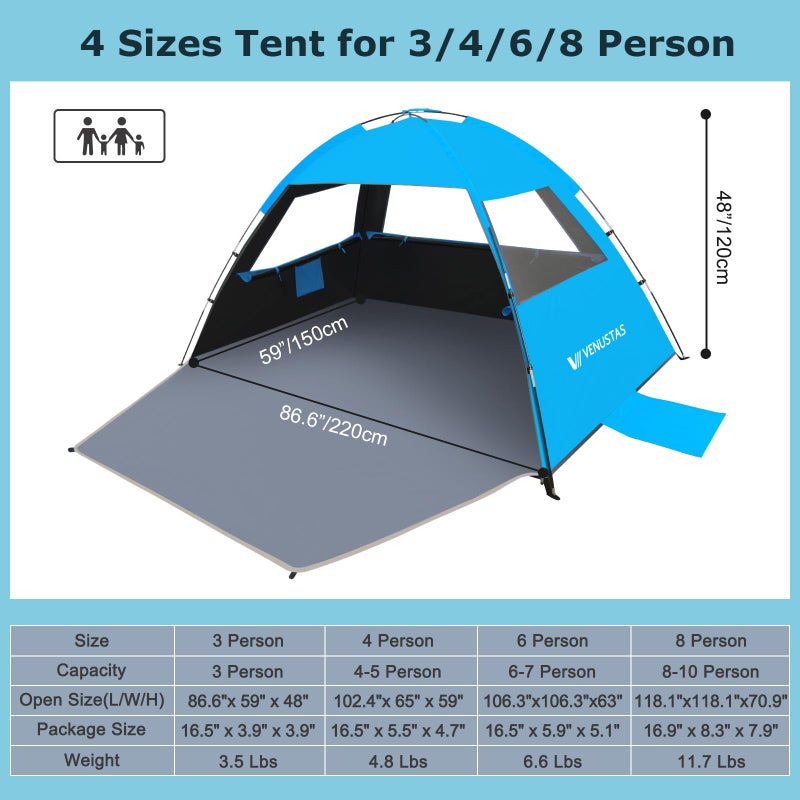 Venustas Beach Tent Sun Shelter for 3/4-5/6-7/8-10 Person, UPF 50+ UV Protection Beach Canopy, Lightweight and Easy Setup Cabana, Portable Beach Shade Tent - Image 2