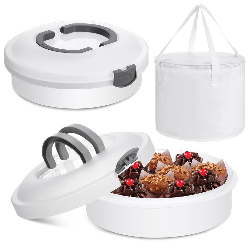 Vesici Set of 3 12 Round Pie Holder Insulated Thermal Casserole Carriers for Hot or Cold Food 2 Pcs Plastic Cake Container with Lid Handle Portable Cake Carriers for Transport Cupcake Pie Pastry - Image 2