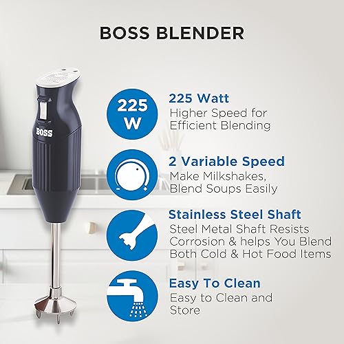 BOSS Stainless Steel B132 Portable Hand Blender 225W- Watt | Variable Speed Control | 3 Years Warranty | Easy To Clean And Store | Isi-Marked, Blue - Image 2
