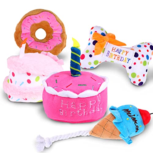 DoreenBow 5 Pack Dog Birthday Toys for Small Dogs Birthday Cake Squeaky Dog Toy Chew Toys Puppy Teething Toys Plush Birthday Box Gift for Dogs - Image 1