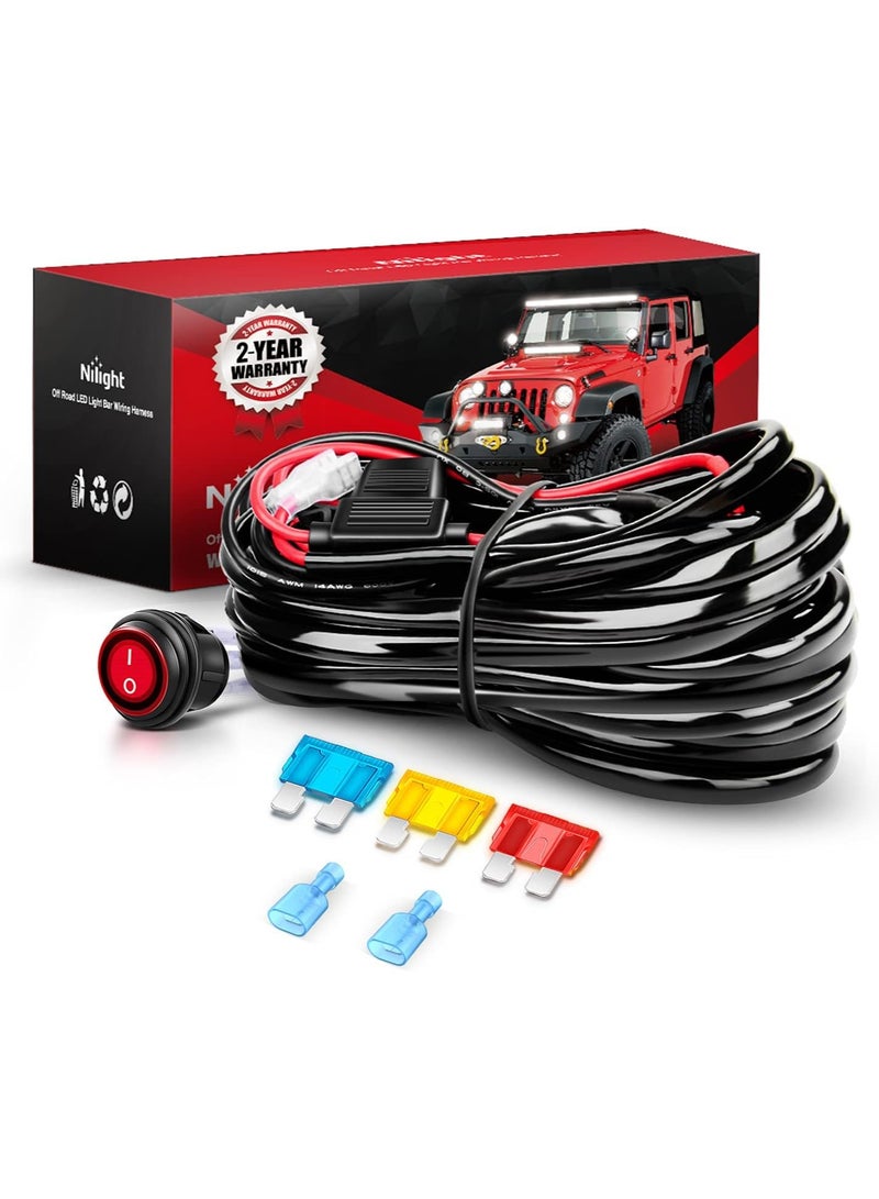 نيلايت 10007W مجموعة أسلاك 1 14AWG ثقيلة 12V مفتاح تشغيل وإيقاف ريلاي طاقة فيوز شفرات لمصباح عمل LED للطرق الوعرة - رأس واحد، ضمان لمدة سنتين