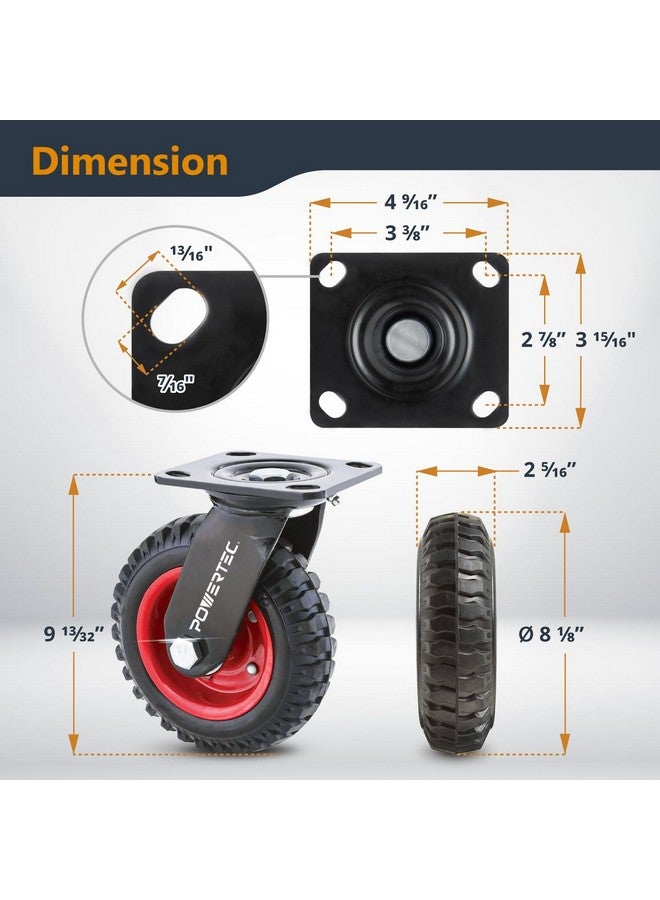 POWERTEC 8 Inch Caster Wheels, Heavy Duty Swivel Plate Casters with Rubber Knobby Tread for Workbench, Dolly, Cart, Trolley, Wagon and Chicken Coop, Large Rubber Castor Wheels, 1PK (17051) - Image 2