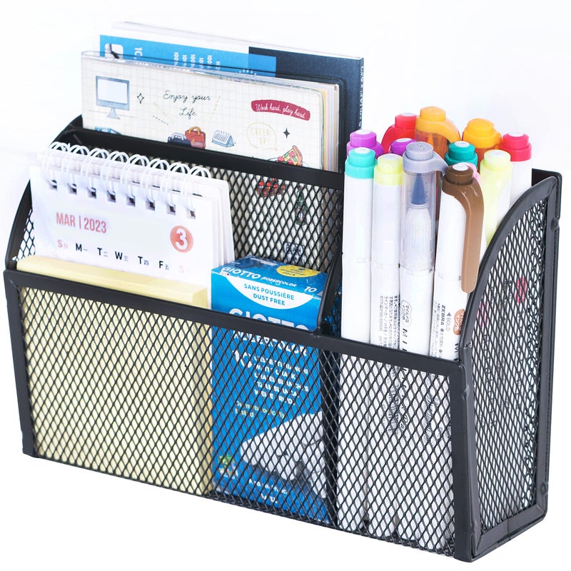 DALTACK Magnetic Pencil Holder Magnetic Shelf for the Whiteboard 3-Grid Mesh Magnetic Pen Holder for Refrigerator Magnetic Organizer Locker Accessories Organizer for Home, School and Office, Black - Image 1