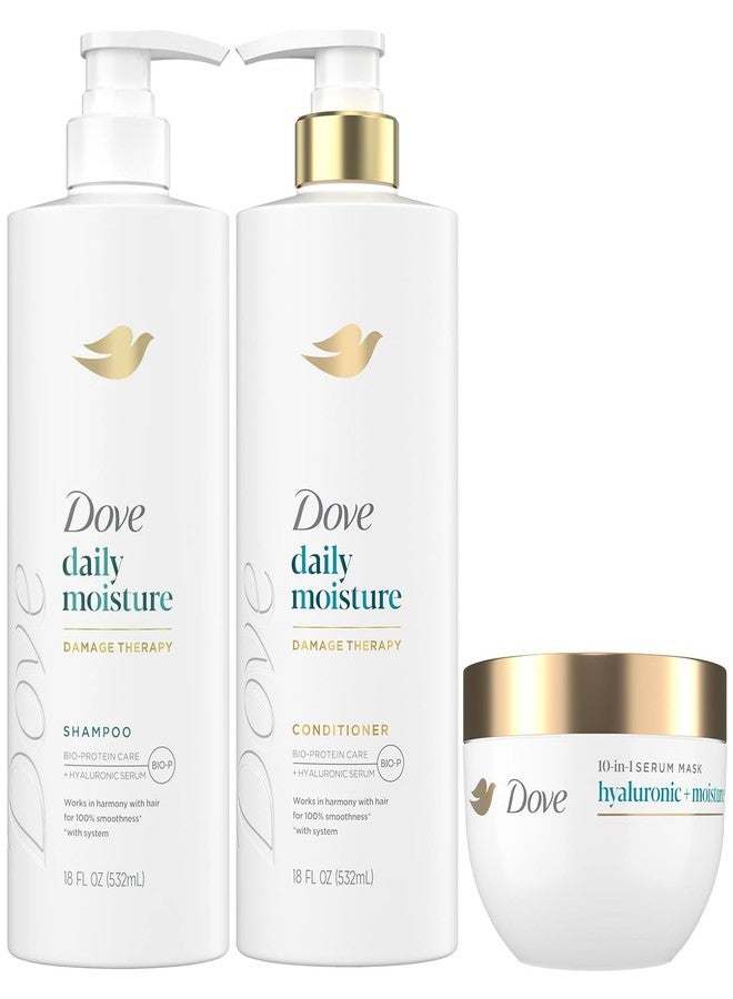 Dove مجموعة شامبو وبلسم دوف للترطيب اليومي مع ماسك سيروم 10 في 1 بحمض الهيالورونيك والترطيب - ترطيب عميق لتنعيم وتجديد الشعر الجاف (مجموعة من 3 قطع) - Image 1