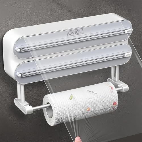 OVIOL Foil Paper Cutter and Holder, 3 in 1 Magnetic Aluminium Foil and Plastic Wrap Organizer with Paper Towel Holder, Compatible with Cling Film, Tin Foil and Wax Paper Dispenser (Dual Tone) - Image 1