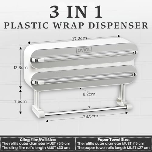 OVIOL Foil Paper Cutter and Holder, 3 in 1 Magnetic Aluminium Foil and Plastic Wrap Organizer with Paper Towel Holder, Compatible with Cling Film, Tin Foil and Wax Paper Dispenser (Dual Tone) - Image 2