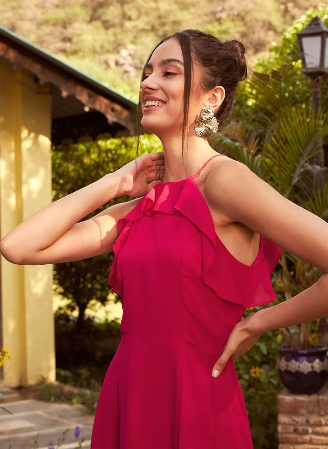 SASSAFRAS Magenta Shoulder Strap Ruffled High-Low Dress for Women