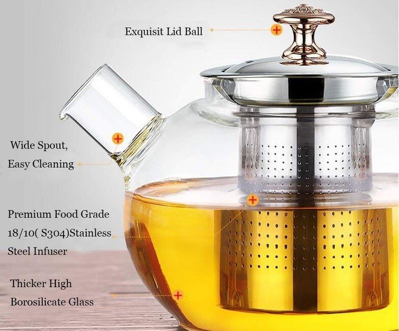 Wellxo Glass Teapot with Removable Stainless Steel Infuser Premium Durable Borosilicate Glass Tea Kettle for Stove top Glass Flowering Tea Kettle with Infusers for Loose Tea 1000 ml Silicone Mat  - Image 3