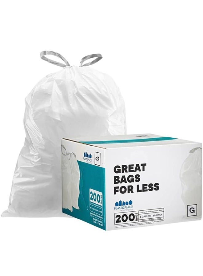أكياس قمامة مخصصة من Plasticplace TRA160WH، متوافقة مع simplehuman Code G، برباط سحب أبيض، 8 جالون/30 لتر، 17.5 × 28 بوصة، 200 قطعة - Image 1