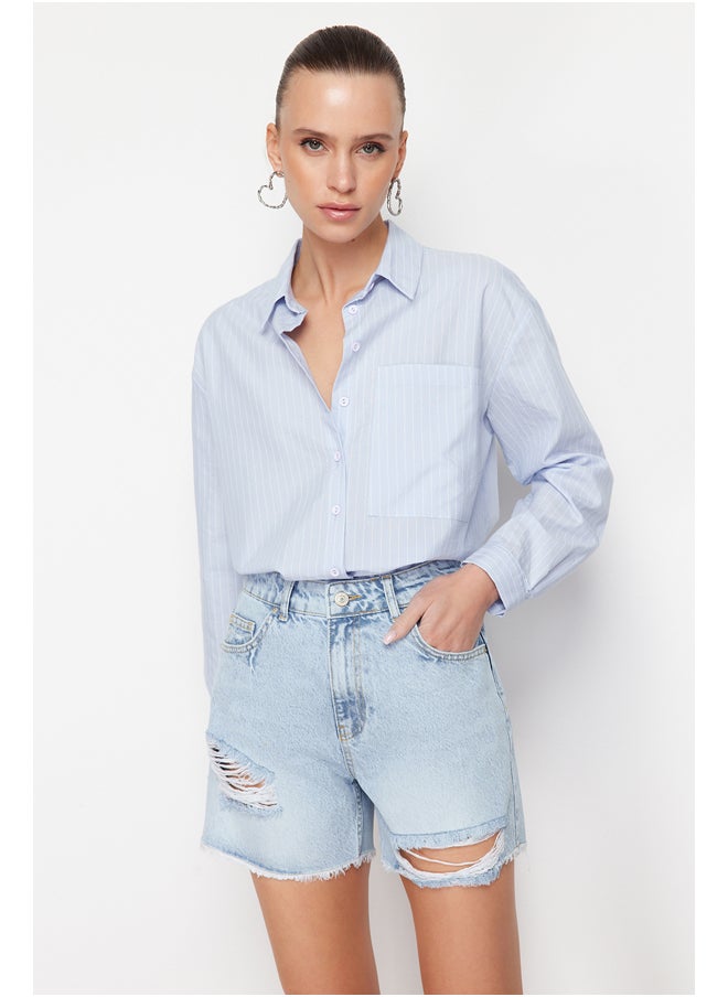 trendyol Blue Ripped High Waist Denim Shorts TWOSS24SR00132  - Image 1