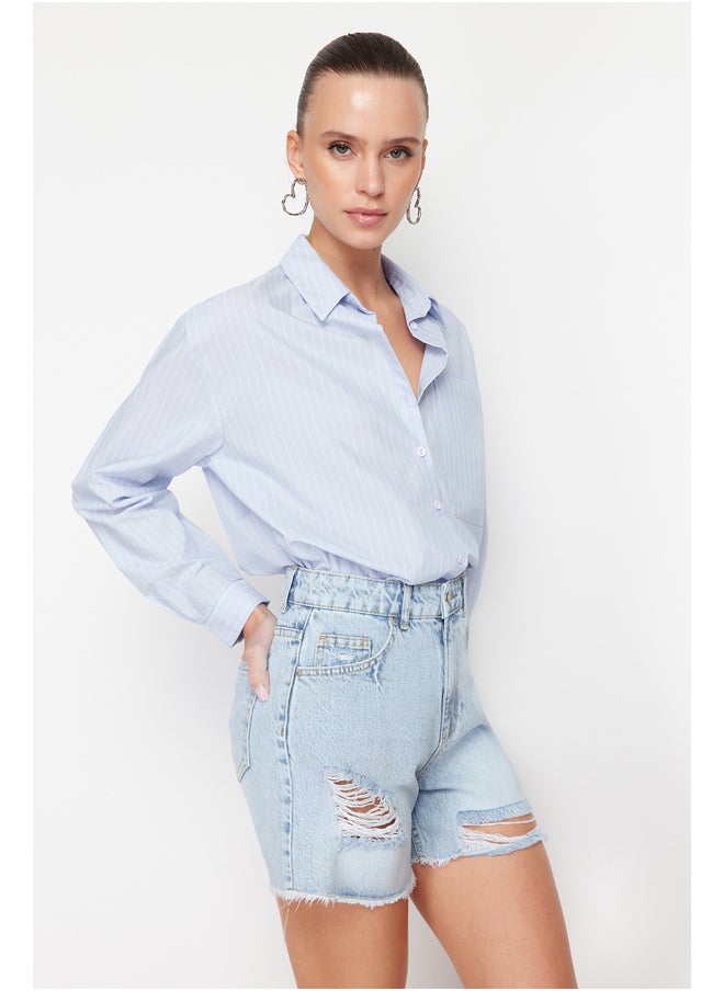 trendyol Blue Ripped High Waist Denim Shorts TWOSS24SR00132  - Image 2