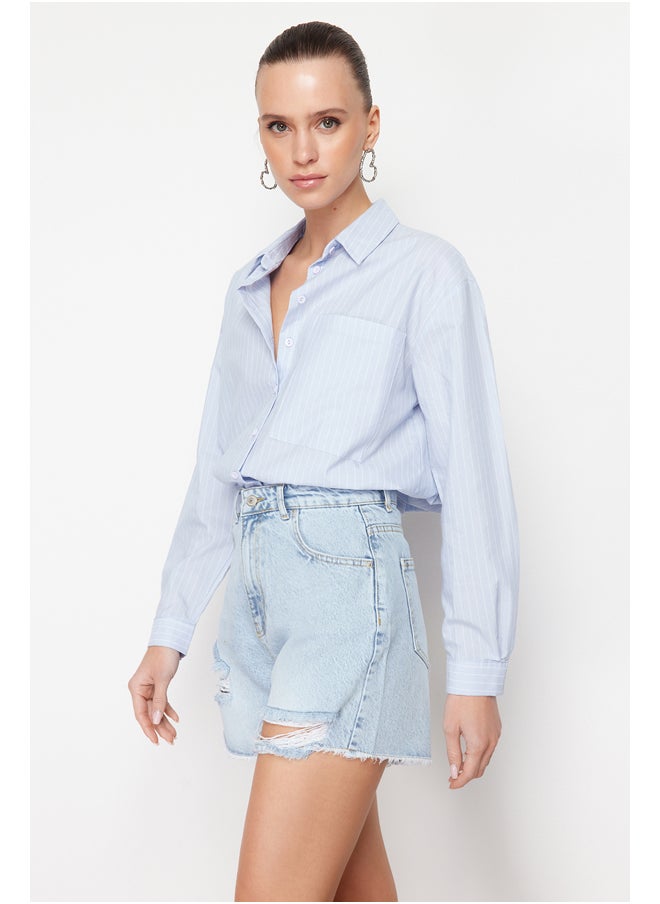 trendyol Blue Ripped High Waist Denim Shorts TWOSS24SR00132  - Image 3