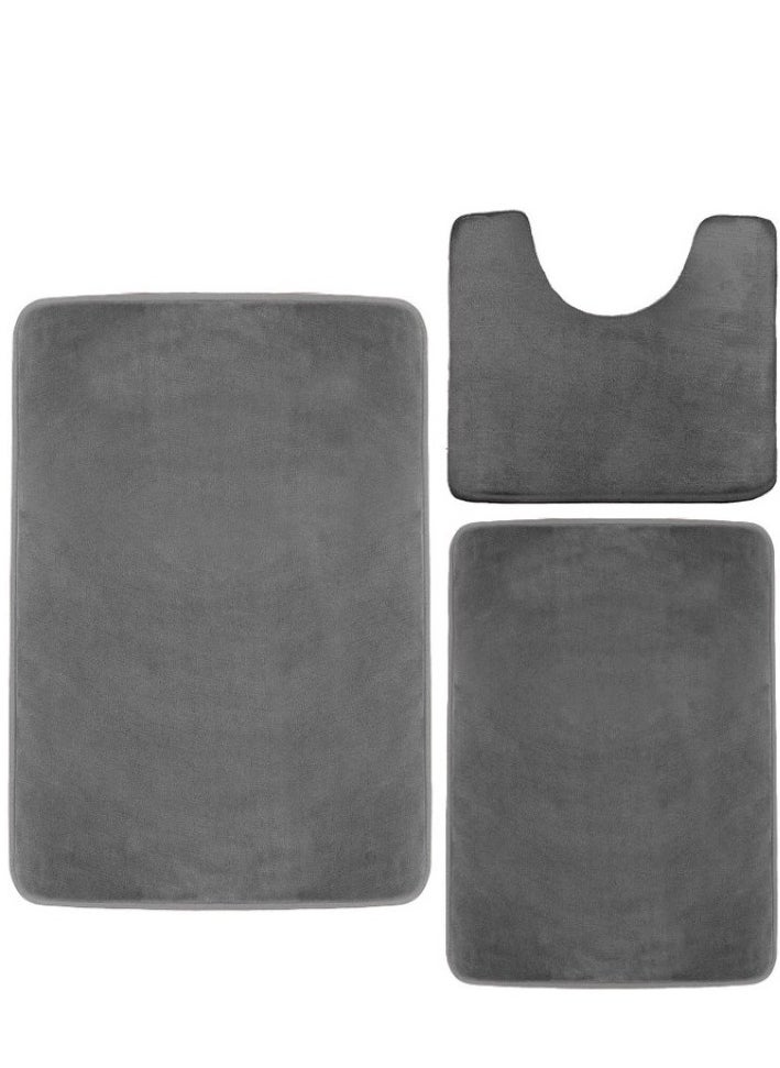 Kutis - 3-Pieces European Simple Style Toilet Floor Mat Suit Bathroom Carpet Set Polyester Fiber Grey - Image 1