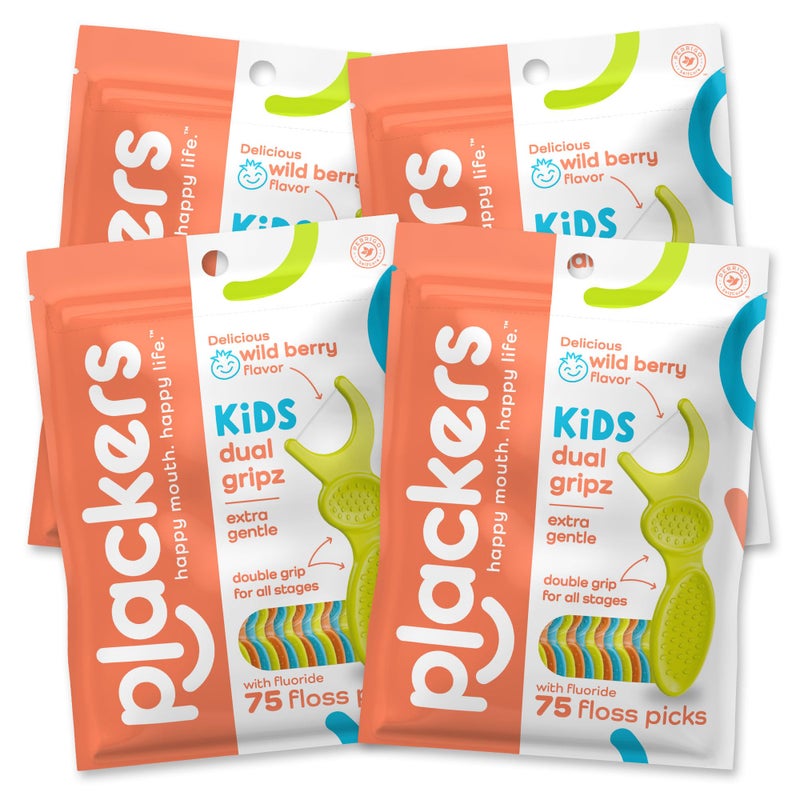 Plackers Plackers Kids Dual Gripz Floss Picks with Double Grip handle, Wild Berry Flavor, Colorful Floss Picks for Kids of All Ages, 75 Count (Pack of 4) 