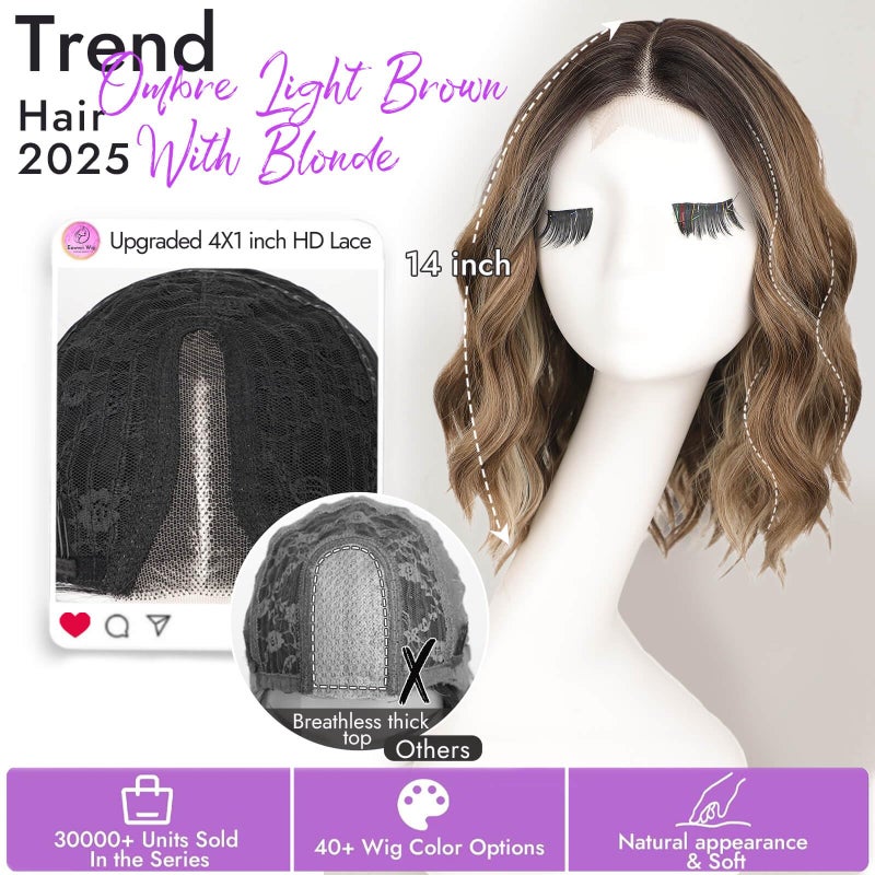 Eawwii Ombre Light Brown With Blonde Short Wavy Wig for Women Lace Hairline Bob Style Synthetic Heat Resistant - Natural Appearance for Everyday Hairstyle 14 Inch - Image 2