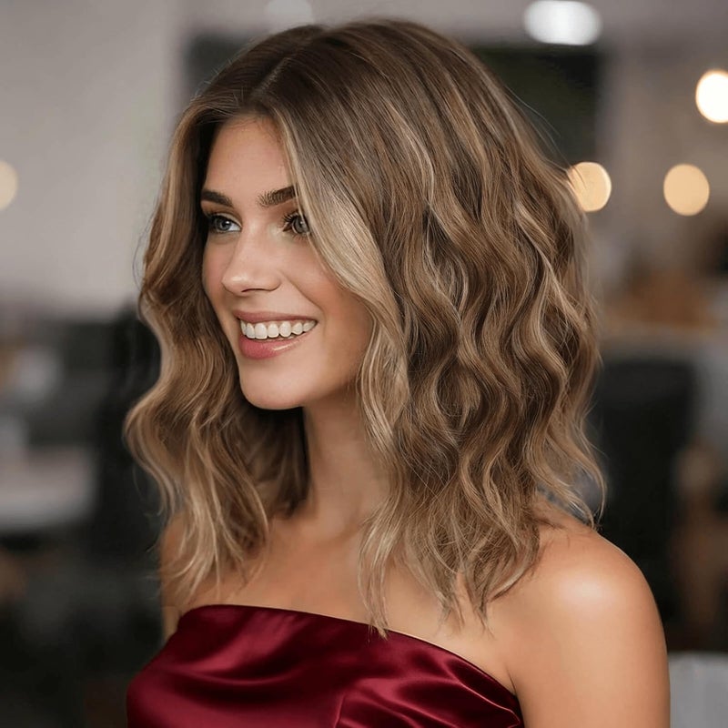 Eawwii Ombre Light Brown With Blonde Short Wavy Wig for Women Lace Hairline Bob Style Synthetic Heat Resistant - Natural Appearance for Everyday Hairstyle 14 Inch - Image 1