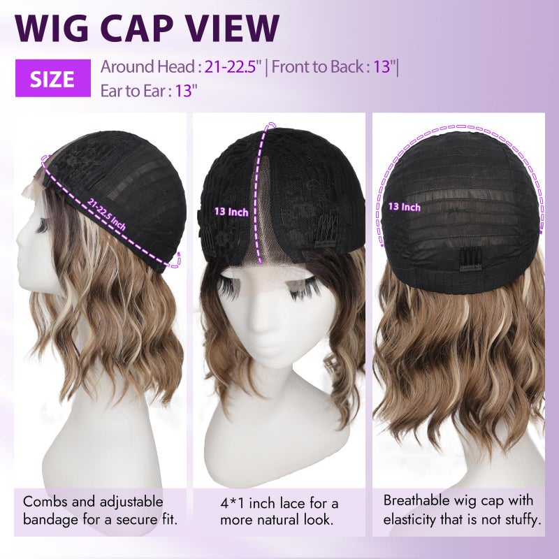 Eawwii Ombre Light Brown With Blonde Short Wavy Wig for Women Lace Hairline Bob Style Synthetic Heat Resistant - Natural Appearance for Everyday Hairstyle 14 Inch - Image 5