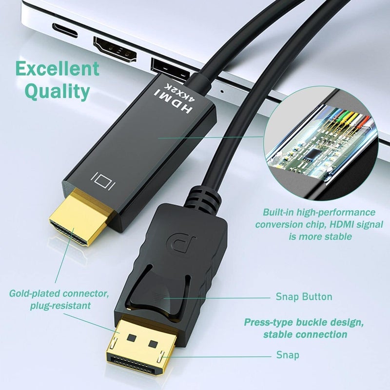 FENTICO DisplayPort to HDMI Cable, Uni-Directional DP to HDMI Converter Gold-Plated DP Display Port to HDMI Converter Cable (Male to Male) for Laptop PCs to HDTV, Monitor, Projector - Image 2