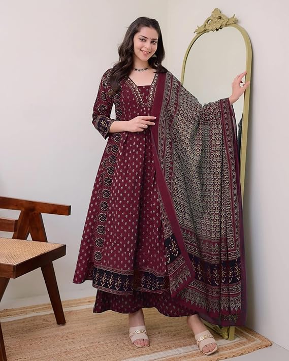 SKY FAB Women's Rayon Printed Anarkali Kurta and Pant with Dupatta Set (Large Size Available) - Image 5