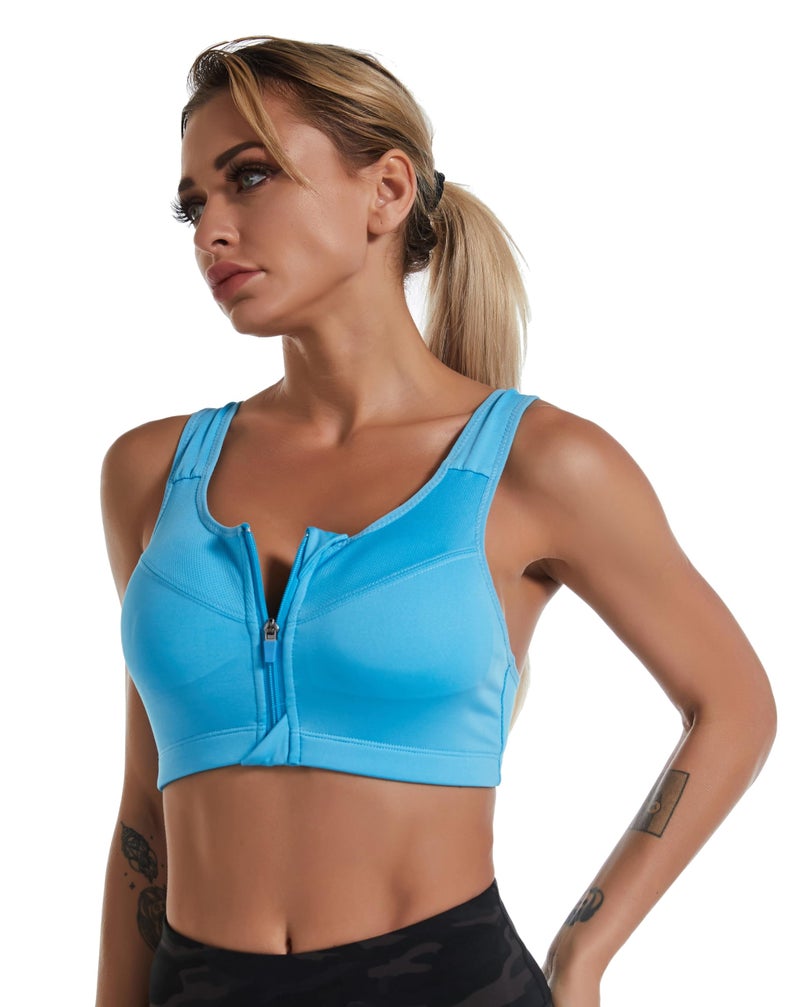 PLUMBURY Women's Medium Impact Padded Front Zip Racerback Sports Bra with Adjustable Strap, Blue, Size M to 3XL - Image 5