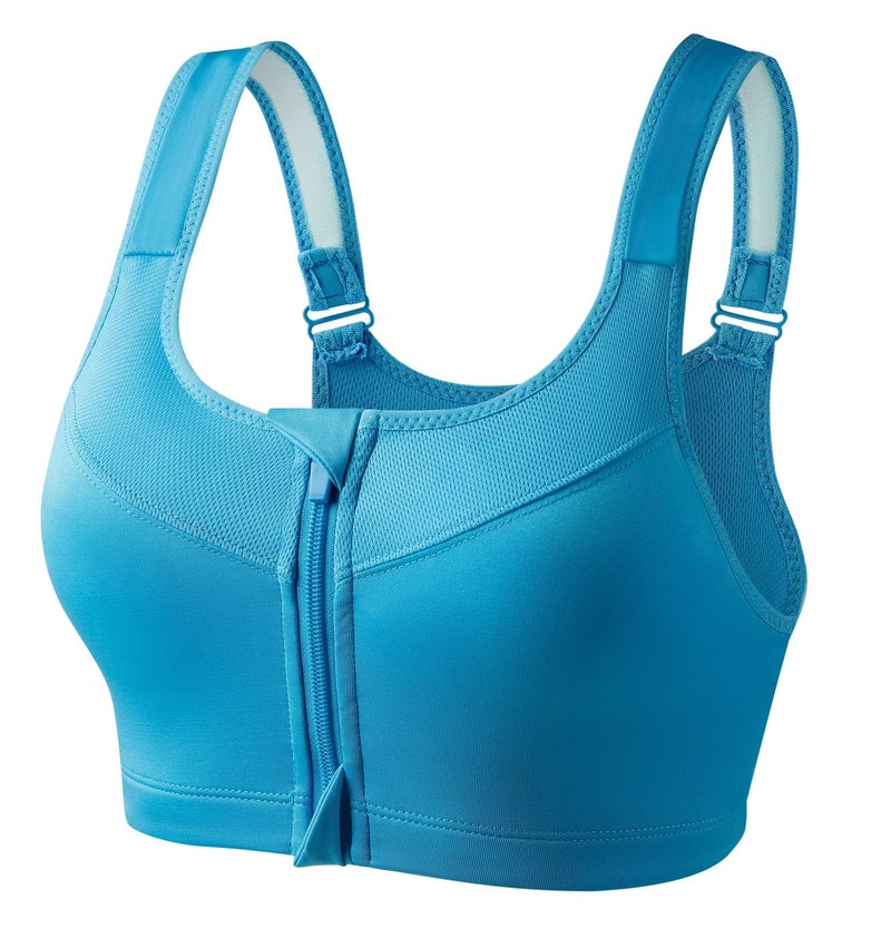 PLUMBURY Women's Medium Impact Padded Front Zip Racerback Sports Bra with Adjustable Strap, Blue, Size M to 3XL - Image 1
