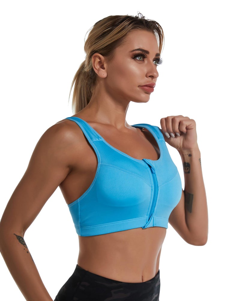PLUMBURY Women's Medium Impact Padded Front Zip Racerback Sports Bra with Adjustable Strap, Blue, Size M to 3XL - Image 2