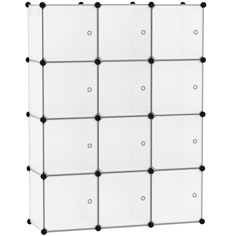 CAHOME Cube Storage Organizer with Doors 12Cube Shelves Closet Cabinet DIY Plastic Modular Bookshelf Ideal for Bedroom Living Room 366L x 124W x 484H Transparent White USHS3012WDOOR