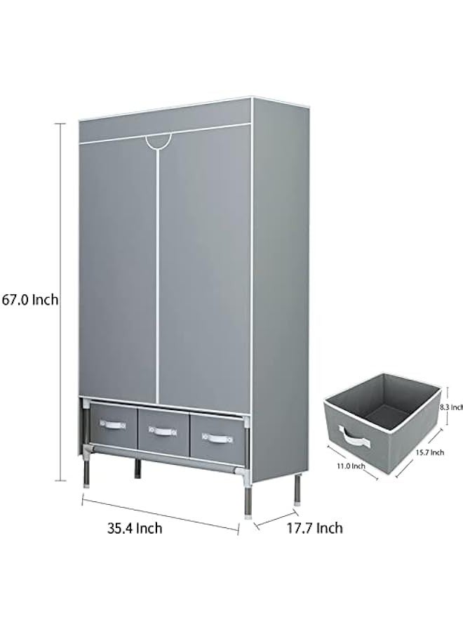 دوركو خزانة ملابس محمولة أسيكا بباب دوار ورف ومنظم تخزين من القماش غير المنسوج بثلاثة أدراج وصناديق تجميع بدون أدوات - 35.4 × 17.7 × 67.0 انش (رمادي) - Image 4