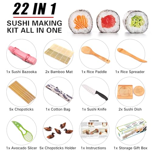 SmileTools Sushi Making Kit For Beginners - 22 Piece DIY Sushi Roller Kit with Bamboo Sushi Rolling Mat, Sushi Bazooka, Chef's Knife, Chopsticks, Holder - Best Starter Sushi Kit (Pink) - Image 2