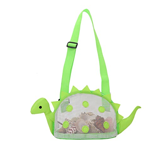 AUONY Beach Toy Mesh Beach Bag Kids Shell Bag Dinosaur Beach Sand Toy Totes for Holding Shells Beach Toys Sand Toys Swimming Accessories for Boys Girls Picking Up Shells Green - Image 1