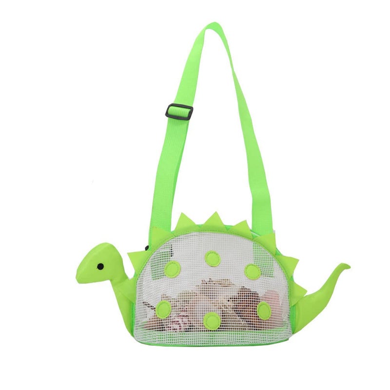 AUONY Beach Toy Mesh Beach Bag Kids Shell Bag Dinosaur Beach Sand Toy Totes for Holding Shells Beach Toys Sand Toys Swimming Accessories for Boys Girls Picking Up Shells Green - Image 2