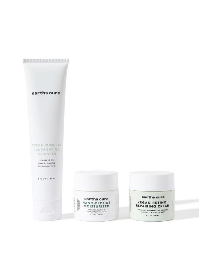 EarthsCure - EarthsCure 3 Step Anti-Aging Routine - Simple Routine for Wrinkles, Dark Spots, and Smoother Skin. Contains Ocean Minerals, Nano Peptides & Vegan Retinol. Sensitive Skin Safe. - Image 1
