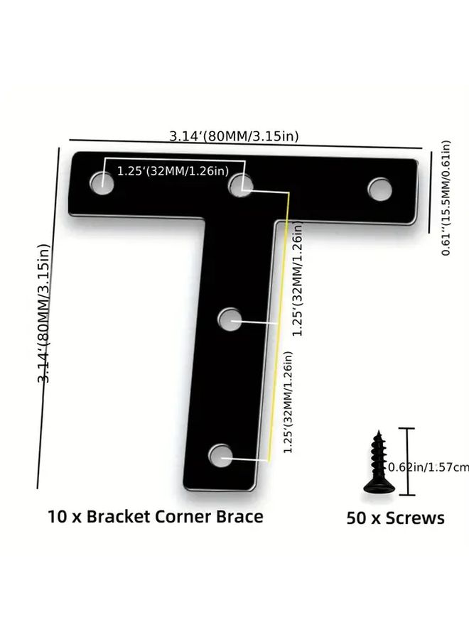 10pcs 3 15 Inch Heavy Duty Black Metal L Shaped Flat T Brackets With Screws - Image 2
