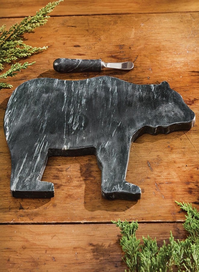 BLACK FOREST DECOR Bear Silhouette Marble Cutting Board with Spreader – 15.5" W x 10" D Rustic Black & White Bear-Shaped Kitchen Board, Elegant Marble Cheese Tray, Easy-Clean Home Accent