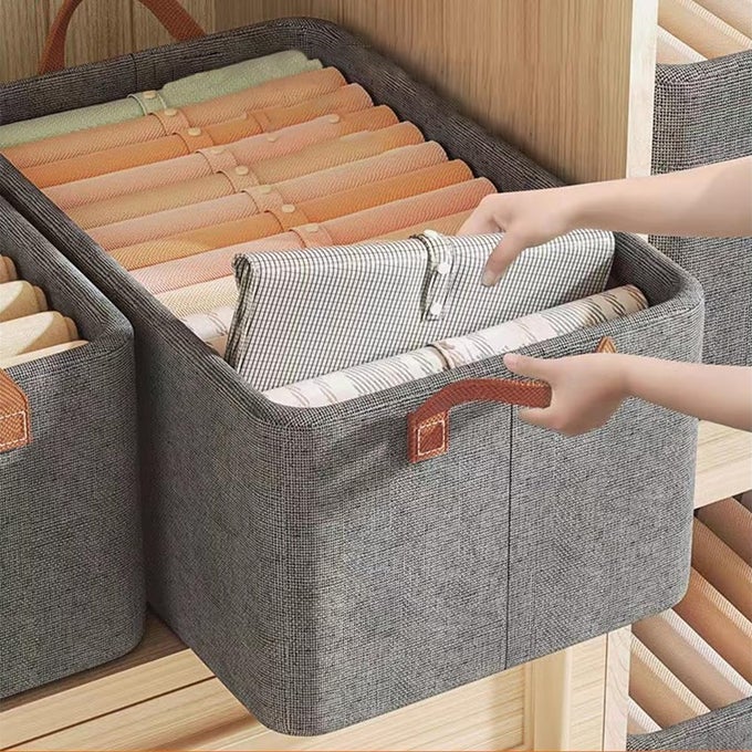 3 PCS WOVEN CLOTH ORGANIZER FOR STORAGEFOLDABLE WARDROBE ORGANIZER WITH DURABLE HANDLESWARDROBE ORGANIZER FOR STORAGECLOTHES BASKETS FOR ORGANIZING SHIRTSPANTSJEANSDRESSSWEATERS GREY