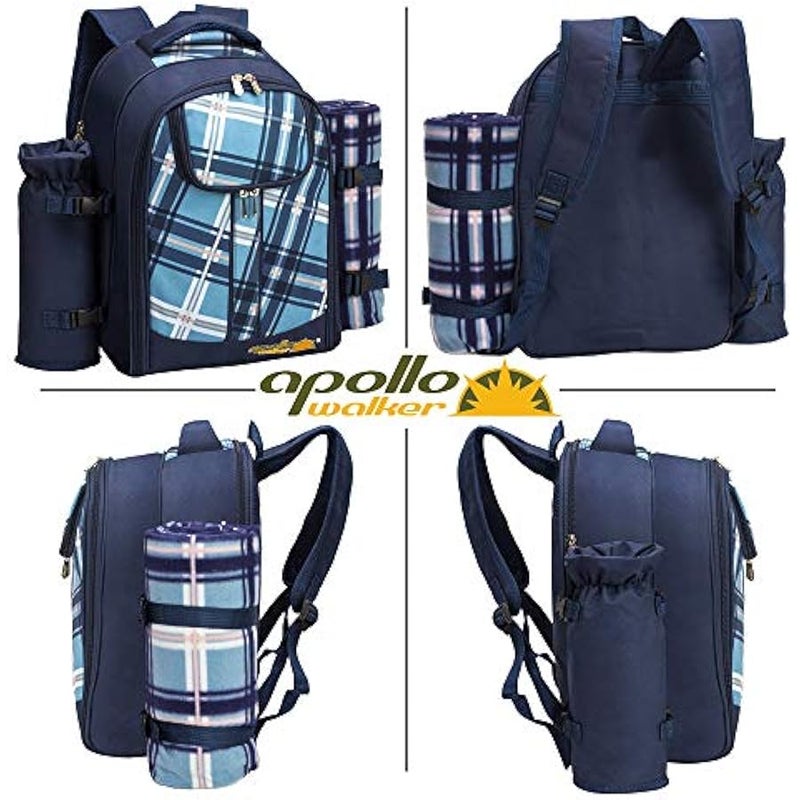 عربست ابولو والكر مجموعة شنطة ظهر للنزهات تتسع لـ4 اشخاص مع حجرة تبريد وحامل زجاجة قابلة للفصل تتضمن بطانية نزهة كبيرة (45 انش × 53 انش) لهدايا العائلة والعشاق والاماكن الخارجية وحفلات الشواء (ازرق - Image 4