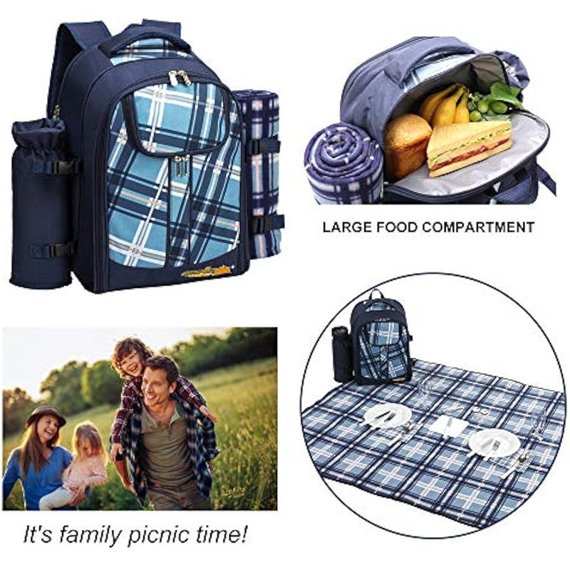 عربست ابولو والكر مجموعة شنطة ظهر للنزهات تتسع لـ4 اشخاص مع حجرة تبريد وحامل زجاجة قابلة للفصل تتضمن بطانية نزهة كبيرة (45 انش × 53 انش) لهدايا العائلة والعشاق والاماكن الخارجية وحفلات الشواء (ازرق - Image 3