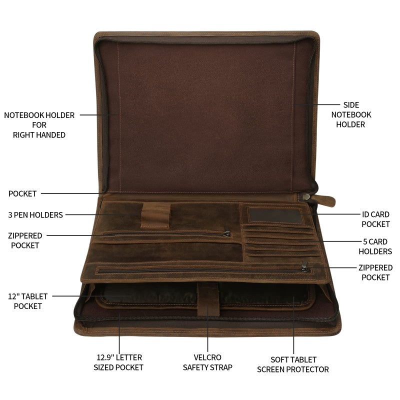Ringsun Genuine Leather Portfolio with Zipper for Men Women, Padfolio Business Resume A4/Pad, Folder Organizer, Brown, RS01 - Image 4