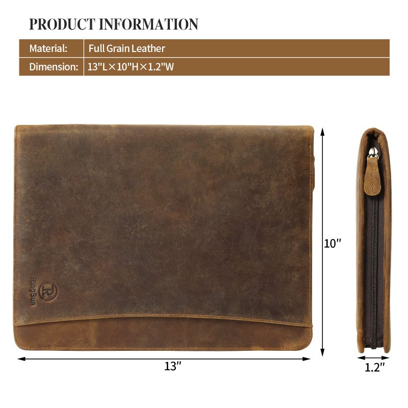 Ringsun Genuine Leather Portfolio with Zipper for Men Women, Padfolio Business Resume A4/Pad, Folder Organizer, Brown, RS01 - Image 2