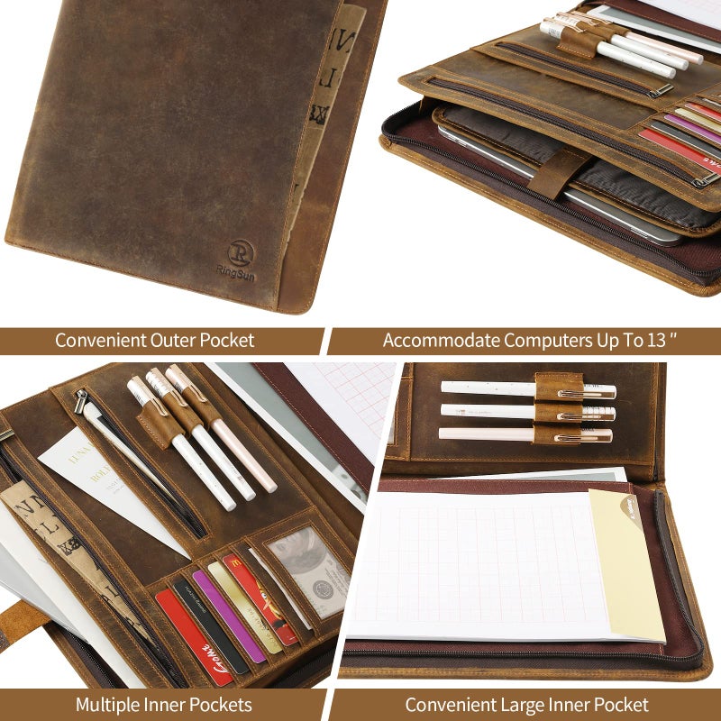 Ringsun Genuine Leather Portfolio with Zipper for Men Women, Padfolio Business Resume A4/Pad, Folder Organizer, Brown, RS01 - Image 5