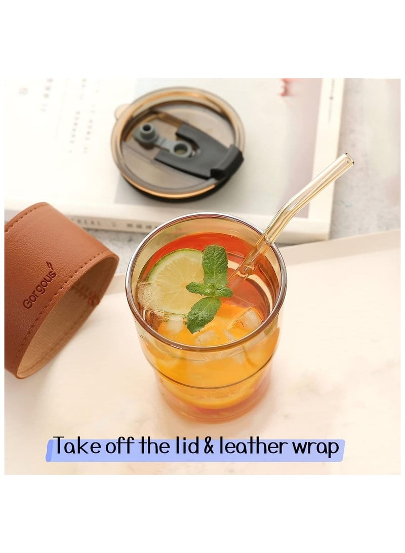 Gorgous 2pcs Heat Resistant Glass Mug with Leather Lid Suitable for Tea, Water, Coffee, Milk and Beverages with Leak Proof Top Lid and Straw  - Image 4