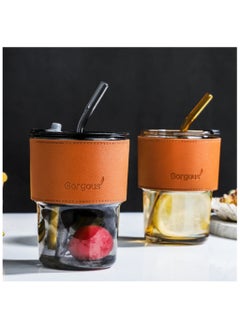 Gorgous 2pcs Heat Resistant Glass Mug with Leather Lid Suitable for Tea, Water, Coffee, Milk and Beverages with Leak Proof Top Lid and Straw  - Image 1