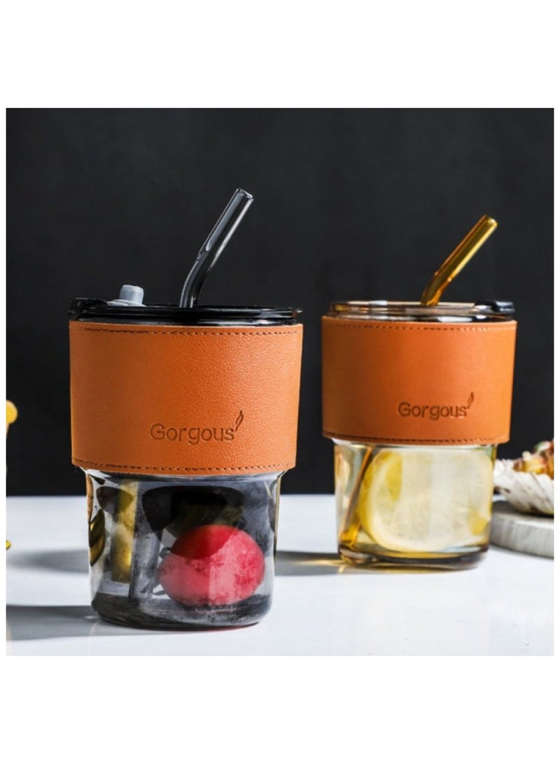 Gorgous 2pcs Heat Resistant Glass Mug with Leather Lid Suitable for Tea, Water, Coffee, Milk and Beverages with Leak Proof Top Lid and Straw  - Image 1