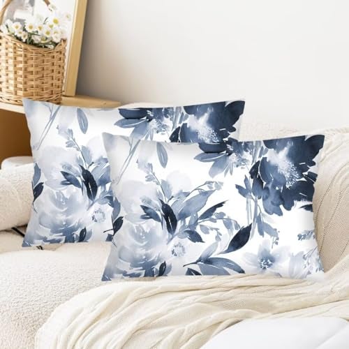 AELMARNEE Florals Throw Pillow Cover Queen Size Set of 2 Navy Watercolor Flowers Pillowcases Boho Floral Lumbar Pillow Case Soft Standard Pillow Cases with Zipper Decorative Cushion Covers,20"x30",Blue White - Image 2